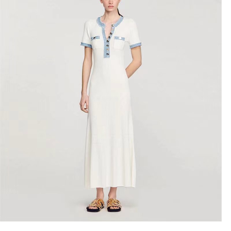 European and American Socialite Style 2026 Summer Sd New High-End Short-Sleeve Waist-Cinching Mid-Length Dress with Half-Open Collar European and American Socialite Style 2026 Summer Sd New High-End Short-Sleeve Waist-Cinching Mid-Length Dress with Half-Open Collar