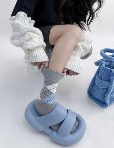 Academic Girl Herringbone Pattern Knee-High Socks for Girls Autumn/Winter Instagram Contrast Color Japanese Retro Regular Han Style Pure Cotton