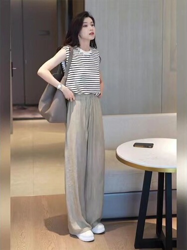 High-quality fashionable suit for women's 2025 Korean style loose casual sleeveless shirt, ice silk wide-leg pants, two-piece set