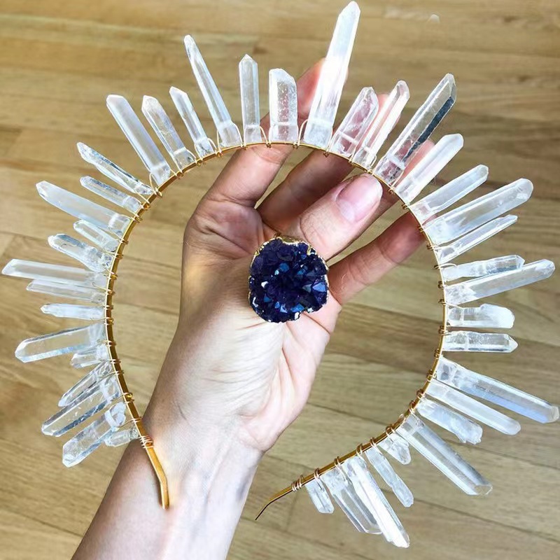 Diadema de cristal blanco natural tipo corona, joyería nupcial elegante, estilo europeo y americano, venta caliente.