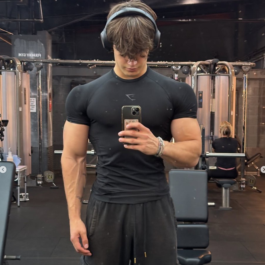 Gym Men's Sports Fitness Quick-Drying Breathable Elastic Slim Short-Sleeved Quick-Drying T-Shirt Ice-Printed Casual Running Top