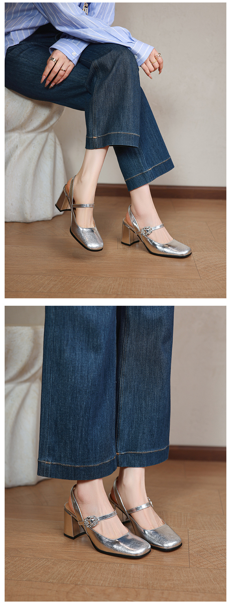 Giày sandal cao gót nữ quai ngang mũi tròn bít, gót 7 cm, phong cách Mary Jane — màu đen, Rượu vang đỏ, màu mơ, bạc chi tiết 17