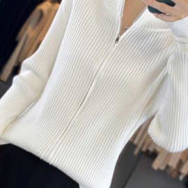 2025新款秋冬毛衣女修身加厚开衫纯色安迪绒双拉链纯色打底衫