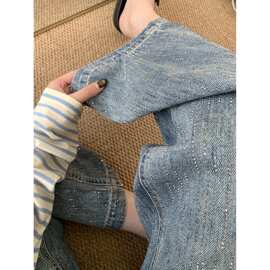 璀璨流星复古烫钻喇叭牛仔裤女 高腰直筒宽松显瘦春款
