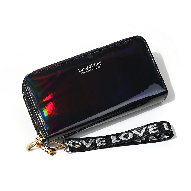 Cartera larga de mujer estilo coreano holográfica láser doble cremallera gran capacidad