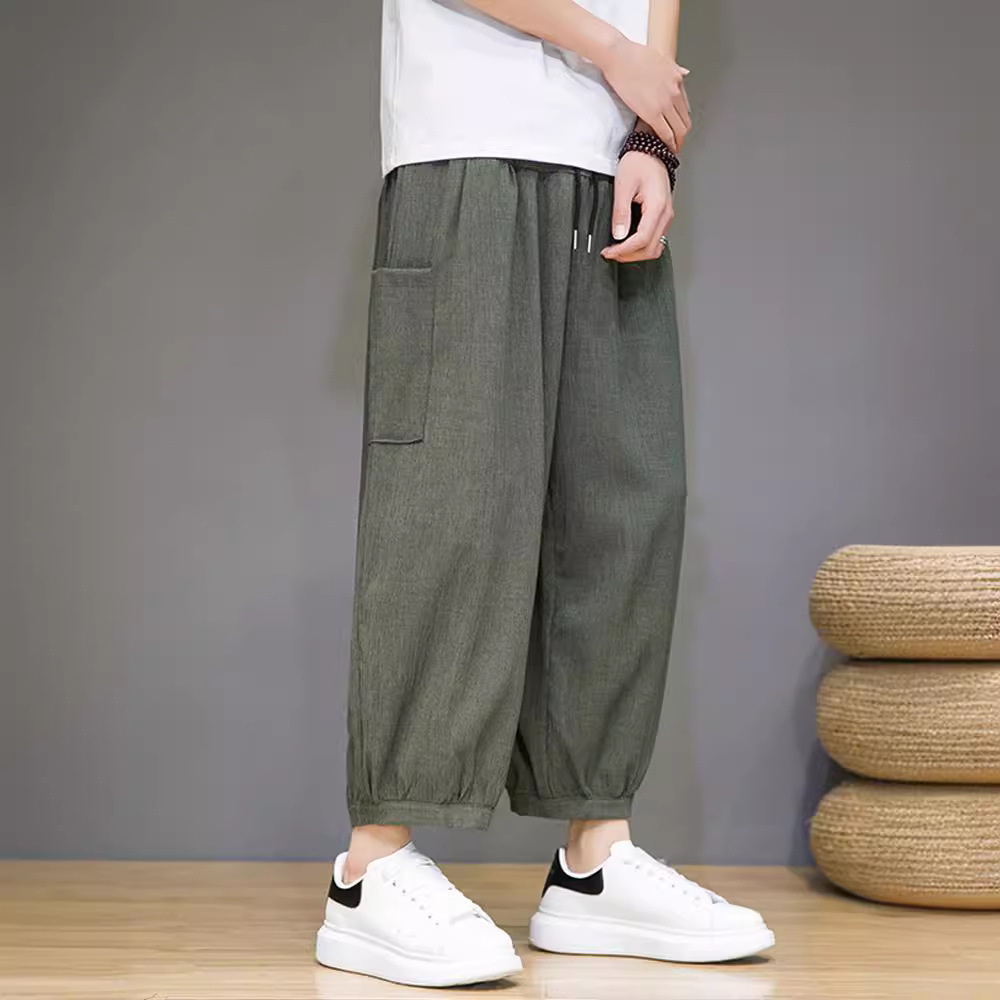 Wide Leg Pants Men's Summer Thin Cropped Casual Pants Loose Fat Large Size Ice Silk Draping Feet Lantern Harem Pants