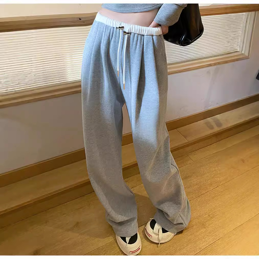 Pregnant Women's Drawstring Grey Wide Leg Pants Spring Autumn and Winter fleece-lined Casual Knitted Trailing Pants Slimming Straight Sports Pants Trendy