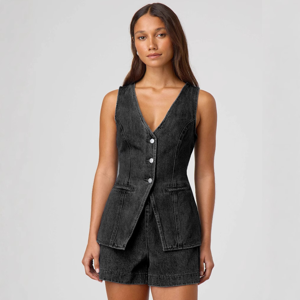 K New Fashionable Sleeveless Waist Cinched High Waisted Loose Denim Shorts Set For Women_ecoleips.com
