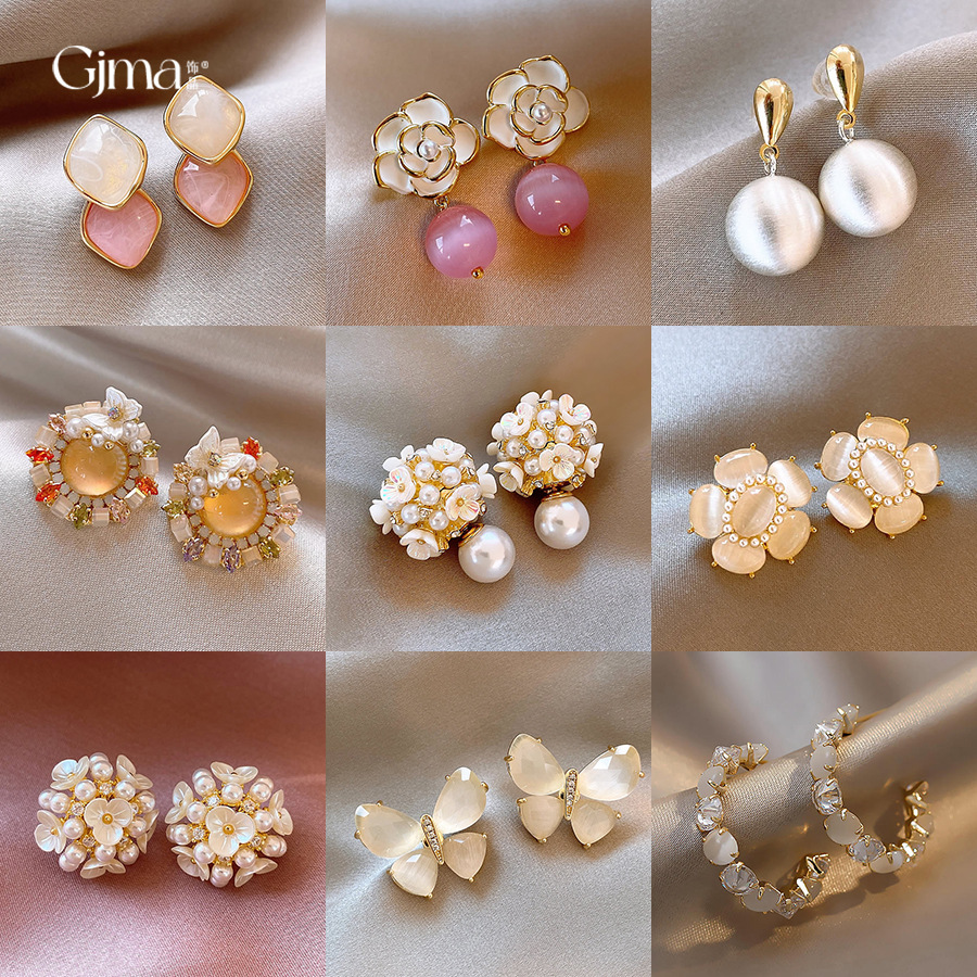 银针小清新时尚白色花朵珍珠耳环时尚通勤百搭耳钉甜美高级感耳饰