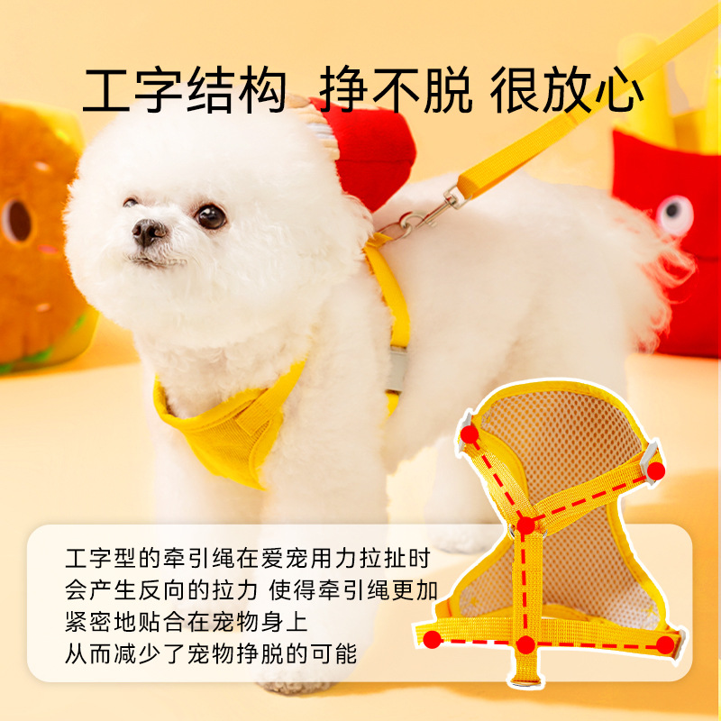 Perro lindo hamburguesa papas fritas mochila correa para mascotas correa de pecho perro caminando cuerda gato caminando cuerda