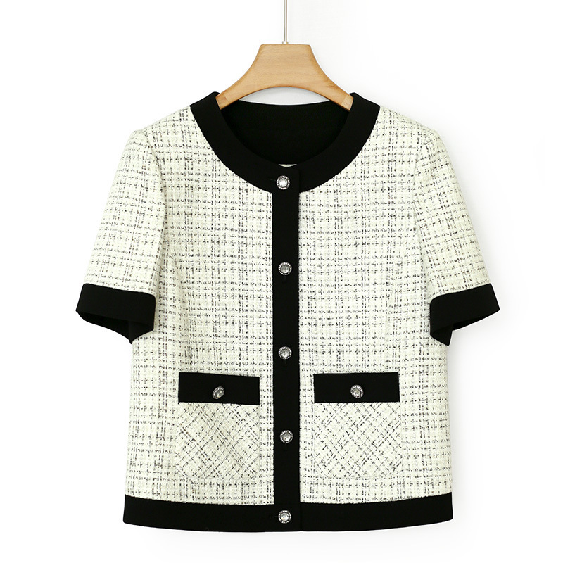 French Round Neck Small Fragrant Short-Sleeved Shirt Black and White Plaid Top Summer Contrast Cardigan Gentle Thin Small Outwear