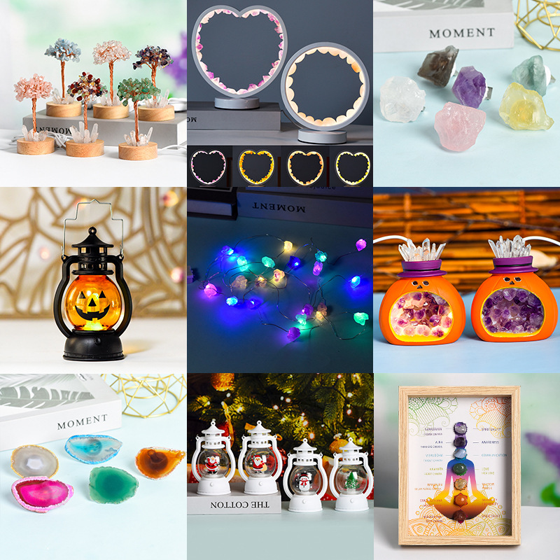 天然原石不规则透明水晶七彩闪亮心形小夜灯变色万圣礼品发光礼物