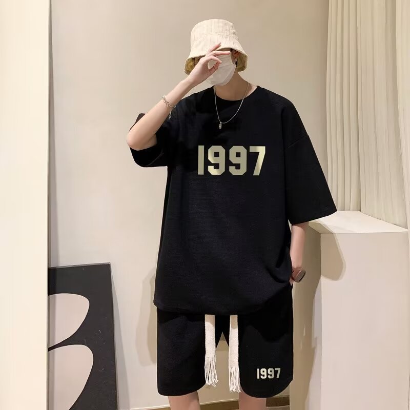 夏のワッフルスポーツスーツメンズオーバーサイズハンサムTシャツショーツツーピースセットトレンディなメンズファッションウェア|undefined