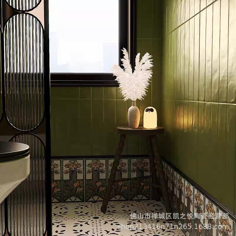 全瓷珍珠釉格子砖法式复古卫生间瓷砖厨房阳台橄榄绿墙砖仿手工砖|undefined