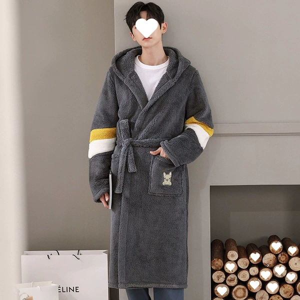 Grey puppy long hairy nightgown man