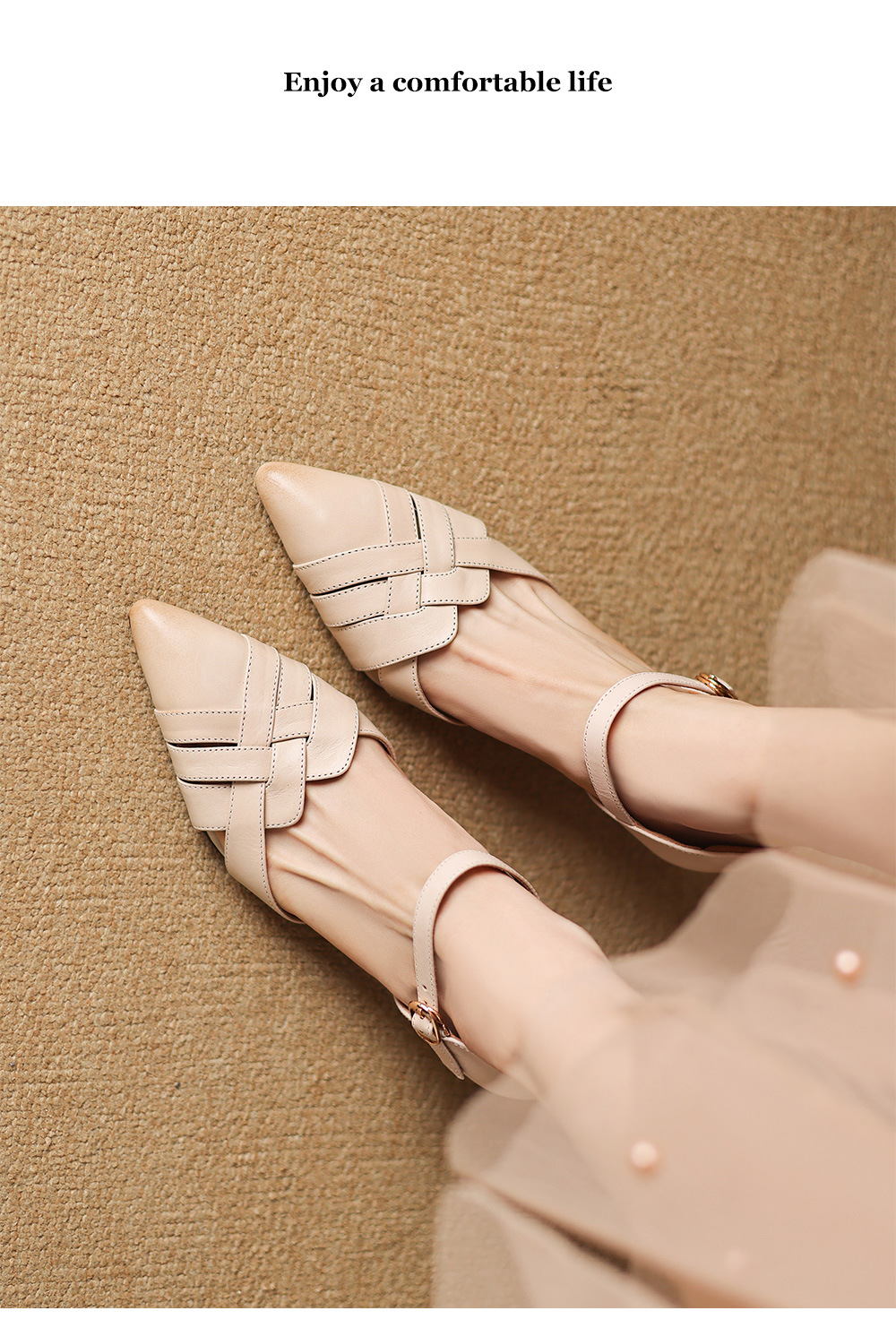 Giày sandal cao gót nữ quai ngang mũi nhọn da cừu gót 5,5 cm — đen chi tiết 13