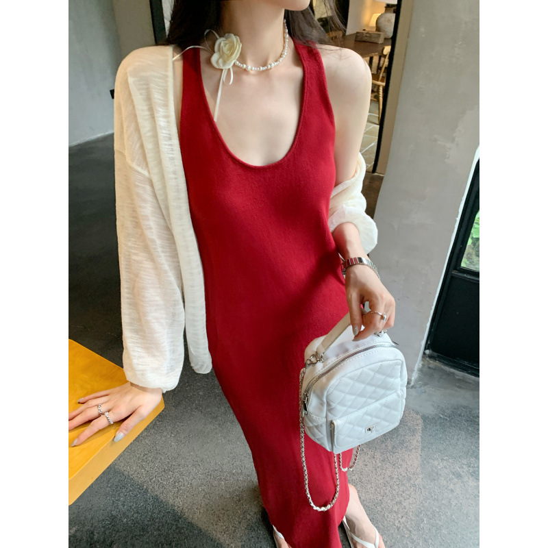 Special Wholesale French Retro Knitted Dress, Feminine Summer New Style, High-End Temperament, Waist Slimming Long Skirt