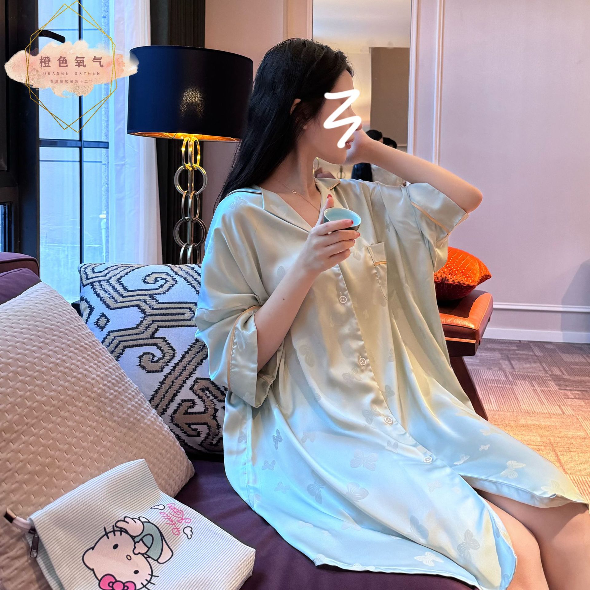 YangQi提花蝴蝶轻奢甜美风睡衣女冰丝春夏季睡裙凉爽家居服套装