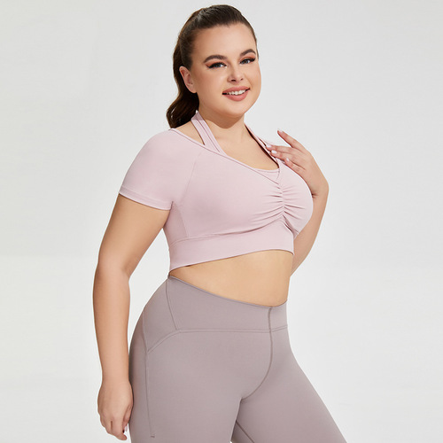 US size plus size padded crossbody yoga tops for women, running sports bras with short sleeves, fitness tops T-shirt