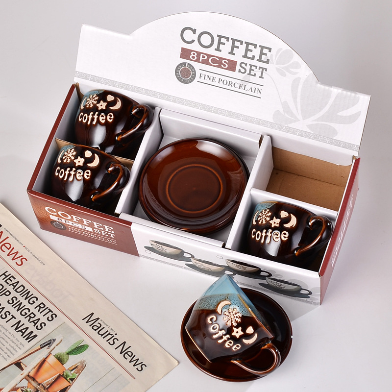 Retro Ceramic Cup and Saucer Creative European Coffee Cup Set Cross-Border Mug 4 Cups 4 Saucers Business Gifts Souvenirs