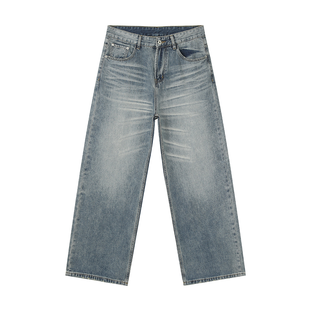 MTLCLOTHES Hombres| Coreano vibe lavado con agua estereoscópica gato barbudo en forma de A, jeans de pierna ancha rectos, moda universal