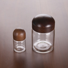 龙川定制logo玻璃罐带黑色蘑菇圆头木盖密封食品罐透明玻璃150ml