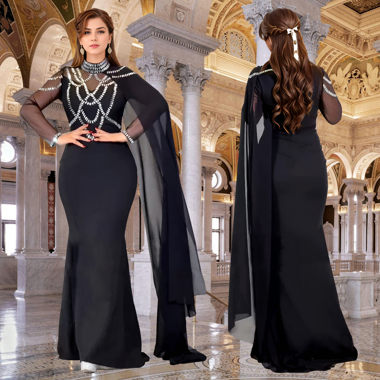 C7260 Cross-border AliExpress Amazon Ropa de mujer de moda europea y americana Elegante vestido de chal de brazo delgado de diamantes calientes image 4
