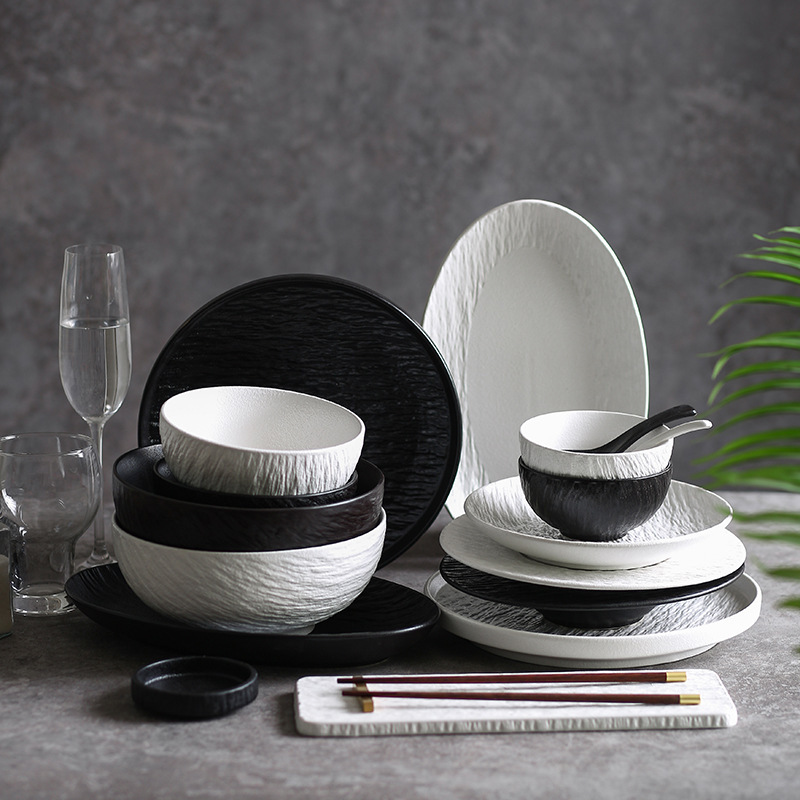 Creative Mocha Rock Pattern Ceramic Tableware, High-End Matte Japanese Rice Bowl, Fish Plate, Flavor Plate Set
