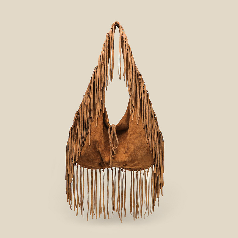 Bolso de mujer de un solo hombro de tendencia de media luna de borla de gran capacidad Bolso de bola de masa retro de terciopelo de piel de venado de mensajero simple casual