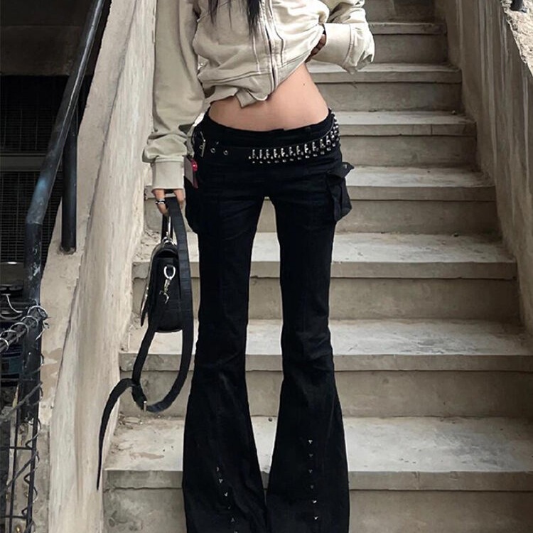 美式辣妹多口袋铆钉喇叭裤子女秋冬新款y2k千禧风低腰显瘦拖地裤|undefined