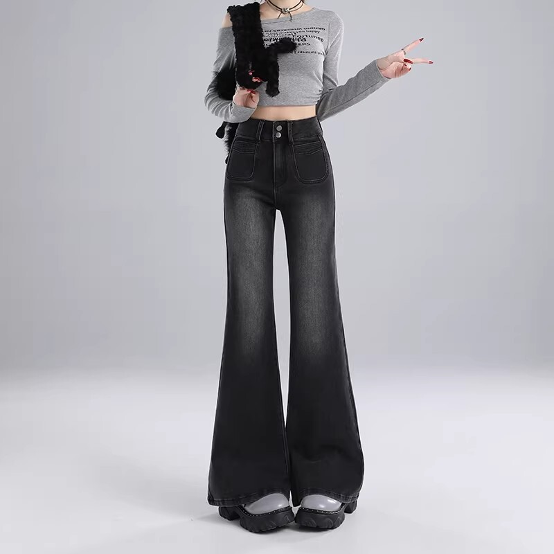 Black and Gray Loose-Fitting Flared Jeans for Women, Spring and Autumn 2026 New Style, Petite Size, Slimming Flared Pants Black and Gray Loose-Fitting Flared Jeans for Women, Spring and Autumn 2026 New Style, Petite Size, Slimming Flared Pants