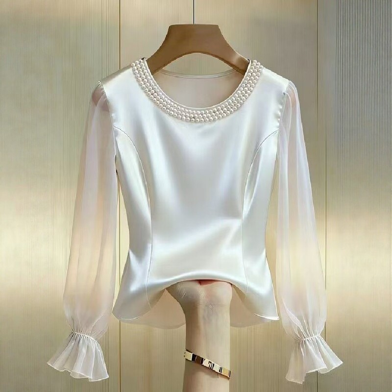 2026 New Style Pearl Beaded Round Neck Satin Shirt for Women, Long-Sleeved, Elegant, Stylish and Fashionable Top
