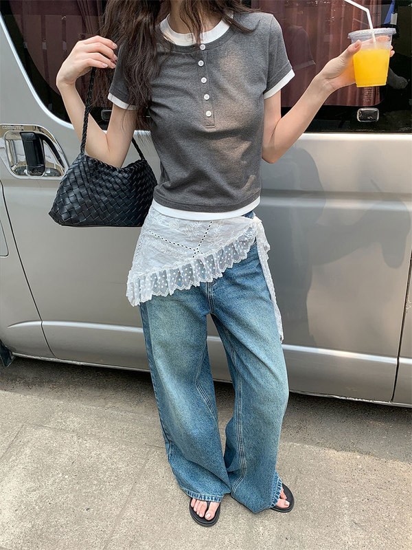 Hello Canon フェイクツーピーススプライシングヘンリーカラー半袖 Tシャツ女性の夏の新しいデザインコントラストカラーコットントップ|undefined