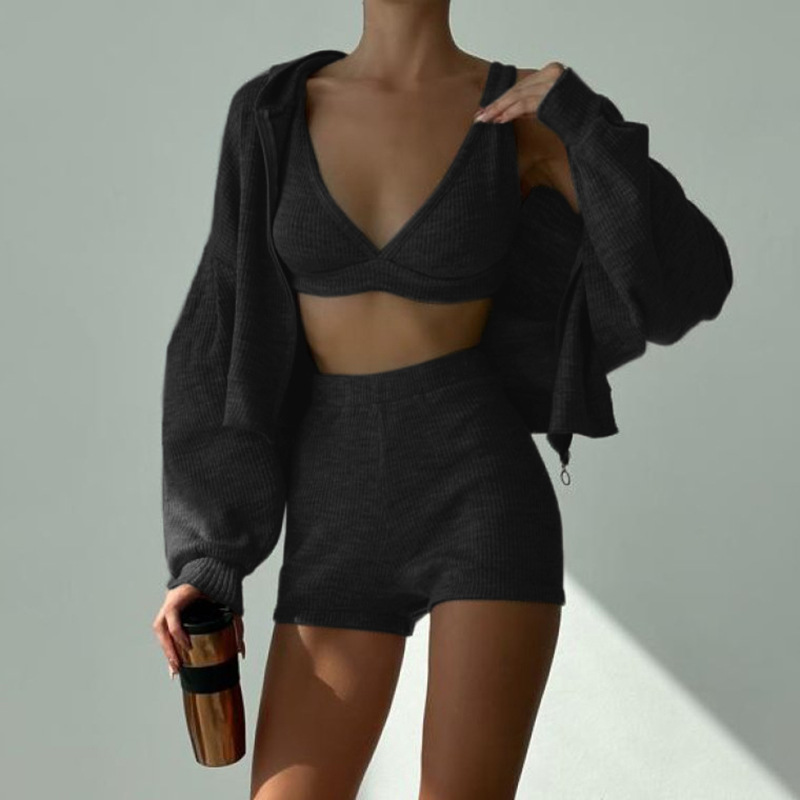 European And American Style Sports Suit Basic Solid Color Hooded Loose Zipper Jacket Small Vest + Shorts Casual_ecoleips.com