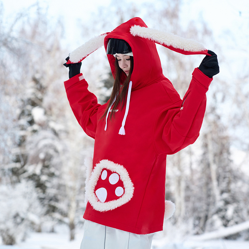 (2개) 24 개의 새로운 여성용 스키 운동복 싱글 보드 더블 보드 토끼 귀 방수 따뜻한 스키 탑이있는 느슨한 운동복