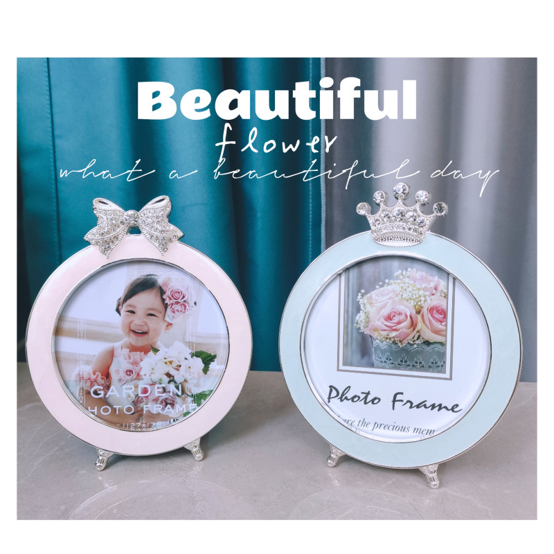 Japanese 3.5 inch blue crown bow metal photo frame round small table cute exquisite gift pink