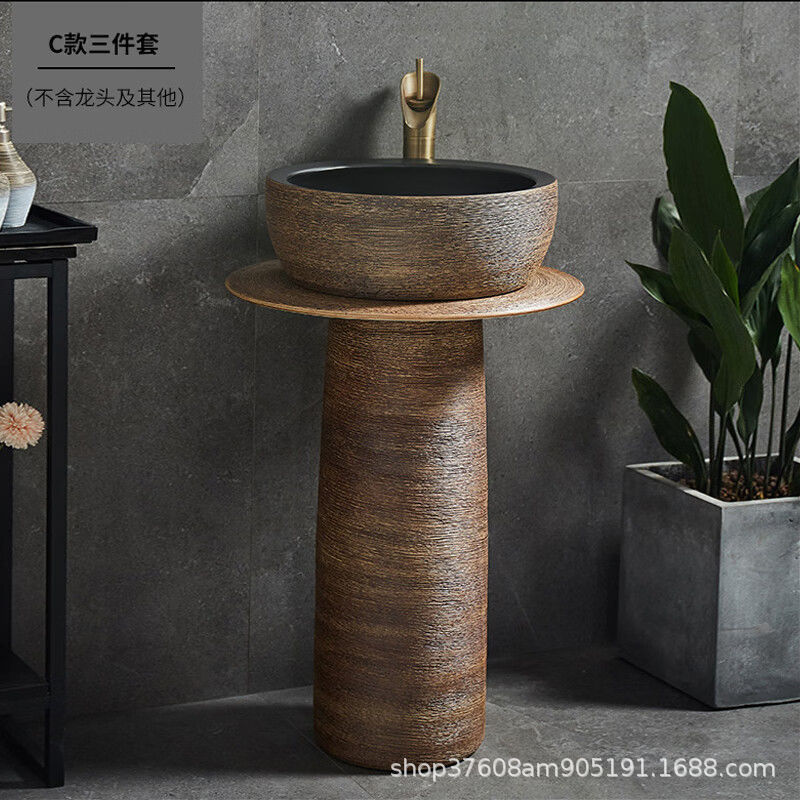 Ceramic Pedestal Basin Integrated Balcony Floor-Standing Wash Basin Outdoor Washbasin for Home Use and Guesthouses