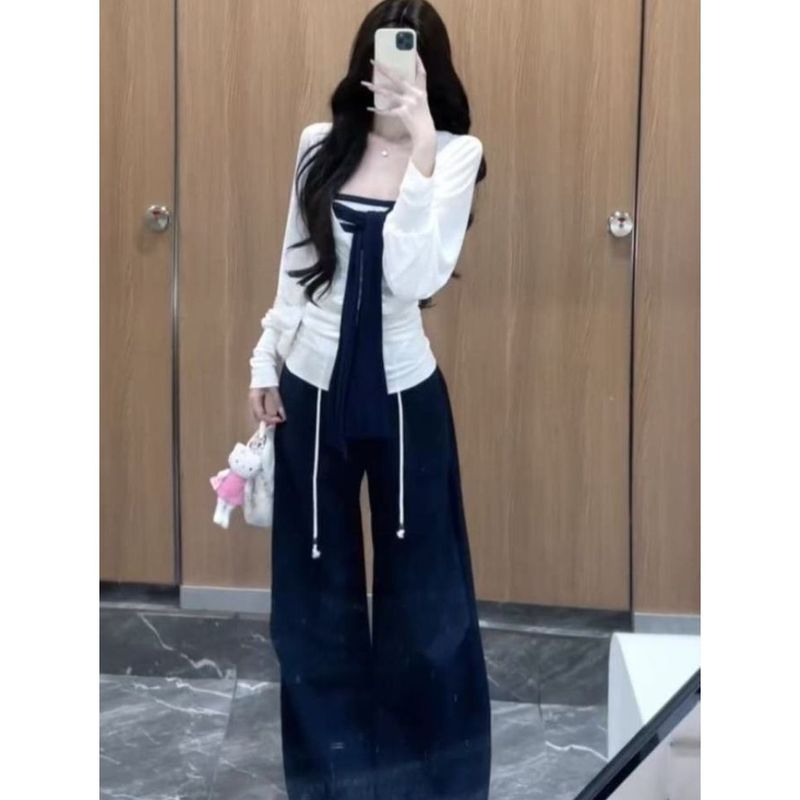 三件套女2025早秋辣妹v领薄款长袖罩衫条纹抹胸高腰显瘦休闲裤潮|undefined