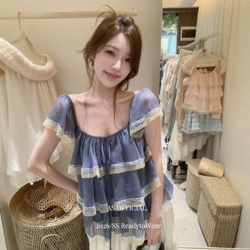 As Official French Sweet Girl Style Lace Patchwork Ruffled Tie Short-Sleeve Top 28239