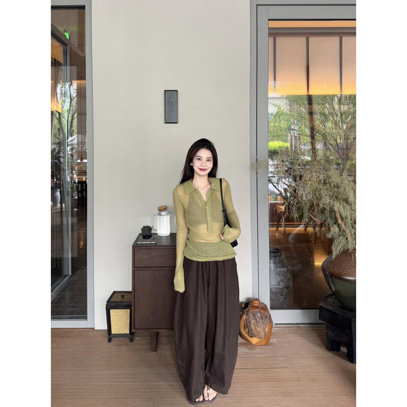 Green Long-Sleeved Polo Collar Thin Knitwear for Women Spring & Fall 2025 New Slightly See-Through Elegant Versatile Slimming Look Top Green Long-Sleeved Polo Collar Thin Knitwear for Women Spring & Fall 2025 New Slightly See-Through Elegant Versatile Slimming Look Top
