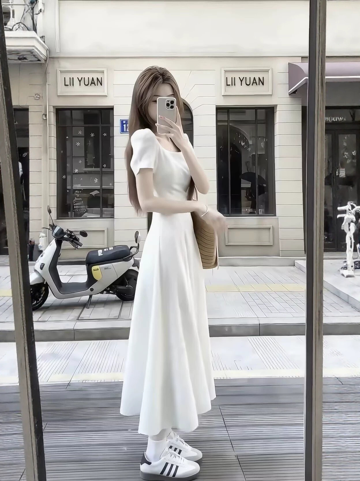 Váy dài nữ cổ vuông thắt eo tay ngắn kiểu Pháp — trắng