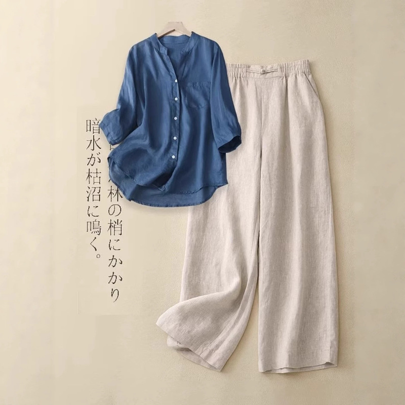 Summer Outfit with a Full Linen Set: Women's V-Neck Short-Sleeve Shirt Top and Casual Cropped Wide-Leg Pants, Cotton-Linen Two-Piece Set