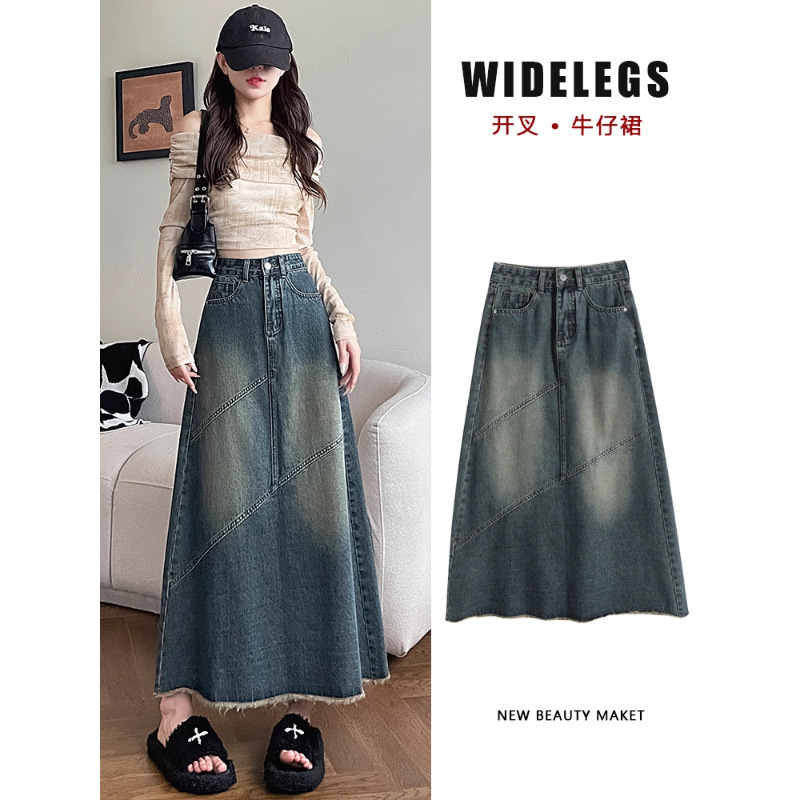 美式开叉牛仔半身裙女秋季2025年新款高腰显瘦梨型包臀遮胯a字裙|undefined