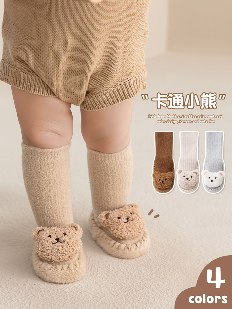 autumn and winter mink yarn thickened warm baby floor shoes baby ankle sock cartoon mid-calf infant leather shoes