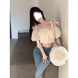 甜美蝴蝶结短袖衬衫女夏季短款法式绑带褶皱泡泡袖设计感上衣
