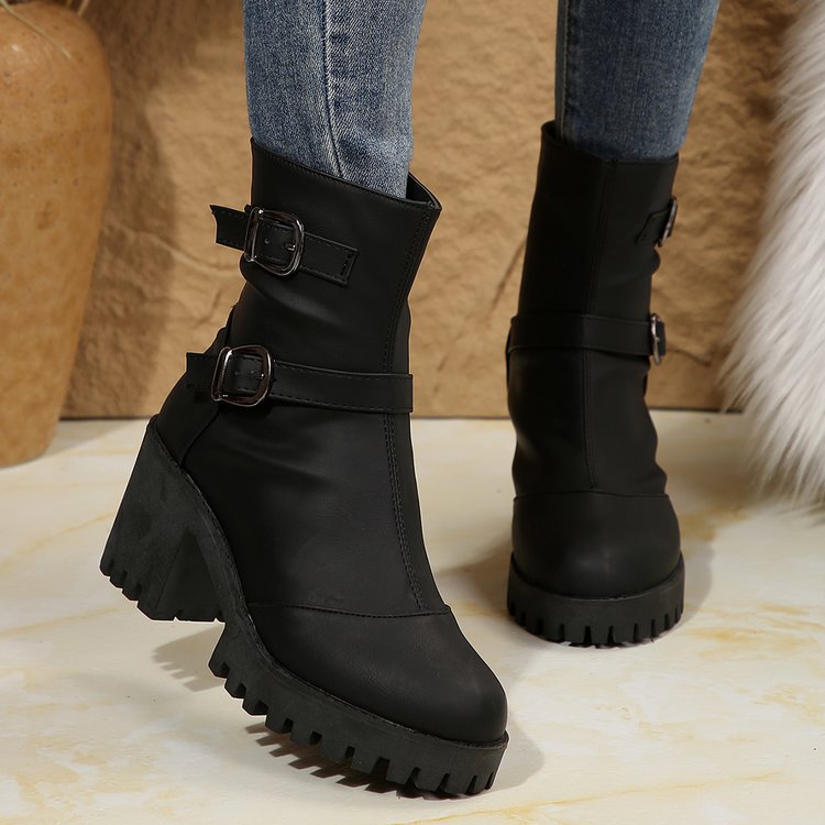 Big size thick heel boots women's autumn and winter fashion belt buckle explosive short boots cotton boots fashion boots_voghion.com