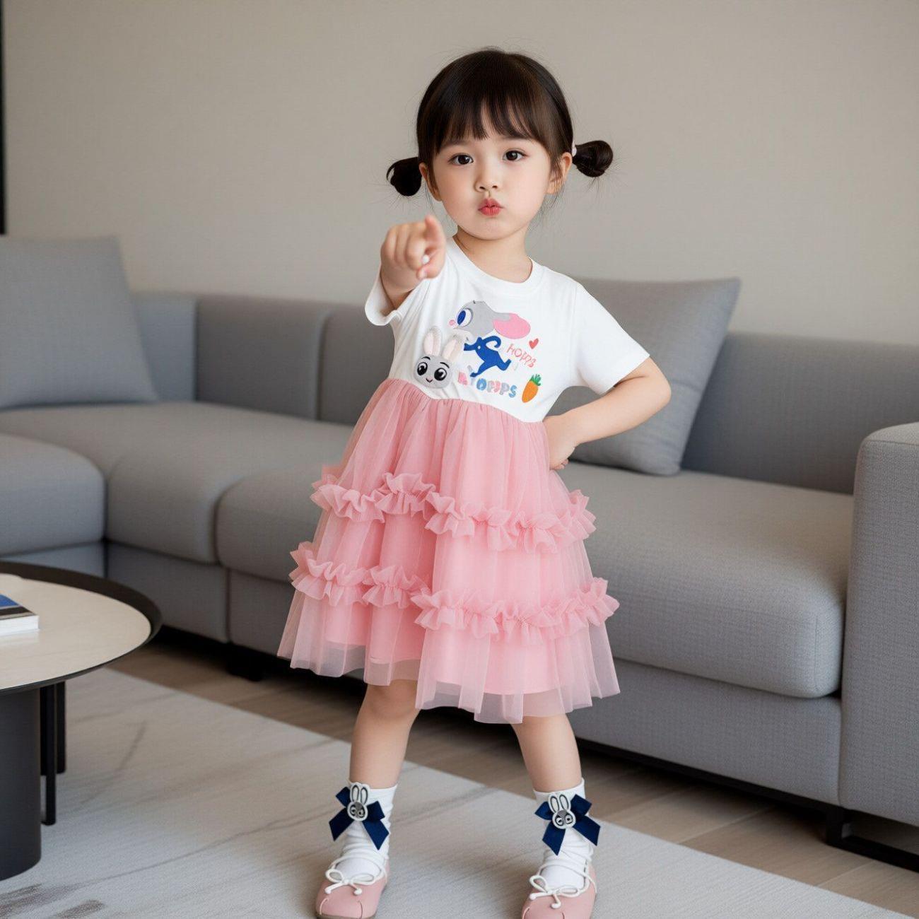 Girls' Spring and Autumn Blue Rabbit Dress, New Spring Fashionable Children's Dress, Baby Girl Princess Dress
