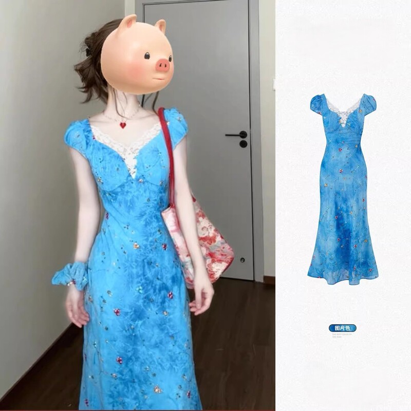 Capri Blue French Seaside Resort Style Design Niche Slim Fit Lace Splicing Short-Sleeved Dress for Women in Summer Capri Blue French Seaside Resort Style Design Niche Slim Fit Lace Splicing Short-Sleeved Dress for Women in Summer