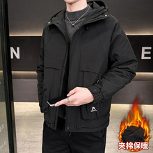 加绒加厚冬季男士外套潮流韩版青少年学生夹克保暖连帽男装上衣服