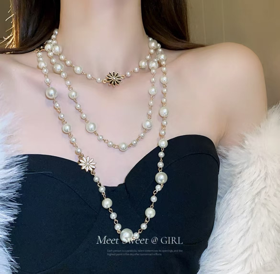 White Beads and Black and White Sunflower Necklace 060